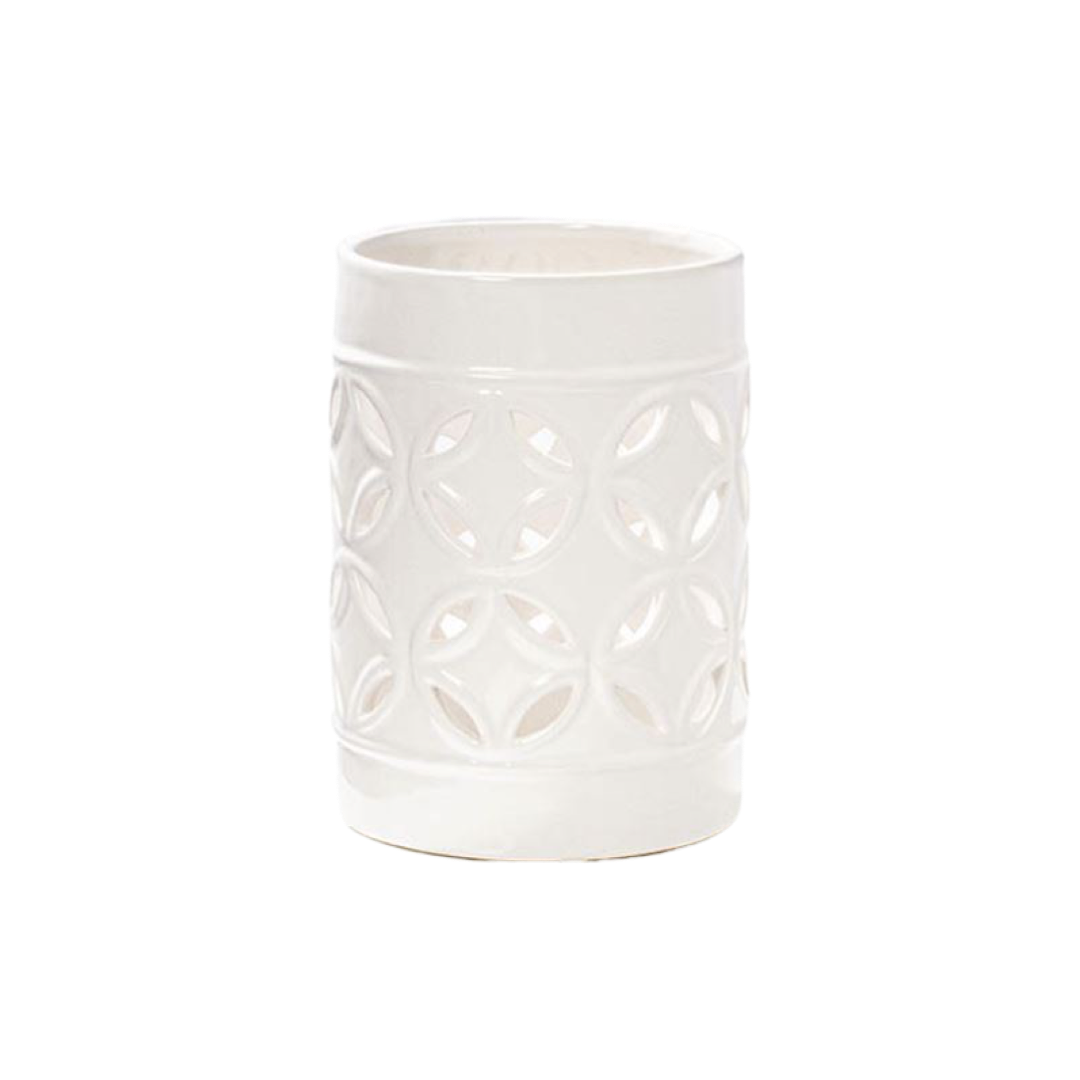 White ceramic pillar candle holder with a Moroccan design
