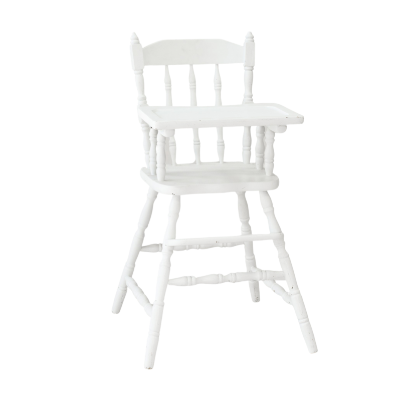 White vintage and classy baby high chair for event hire in Brisbane